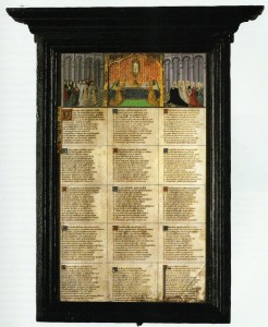 Bruges - Museum Saint Salvatorchurch: Panel with a text by Anthonis de Roovere (as published in Hogenelst and Van Oostrom 'Handgeschreven wereld' (2002))