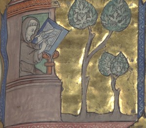 The Renclus de Molliens, pictured writing in his cell in Paris, Bib. de l'Arsenal, MS 3142, f. 203r.  Reproduced by courtesy of Bibliothèque nationale de France : gallica.bnf.fr/?lang=EN